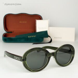 BRAND NEW Gucci GG1722SA 005 Transparent Dark Green Grey Unisex Oval Sunglasses